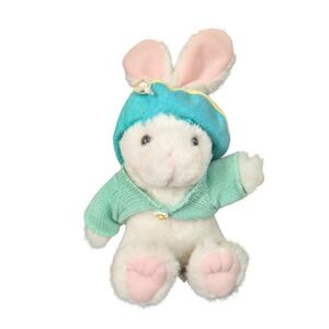 White Plush Bunny Rabbit Stuffed Animal with Teal Hat and Green Scarf 8 Inch